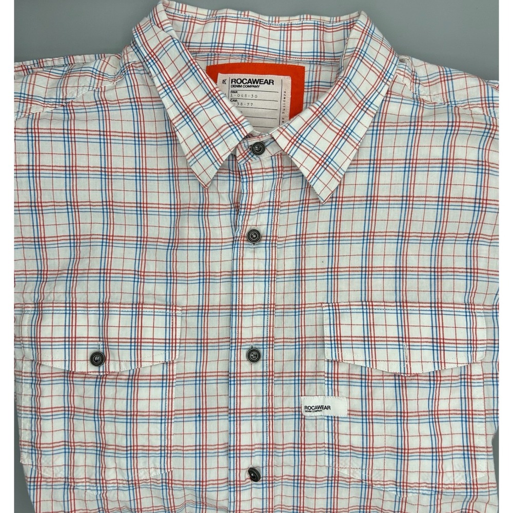 Rocawear Mens Plaid Long Sleeve Button Up Shirt 2XL Red‎ Blue White Spell Out